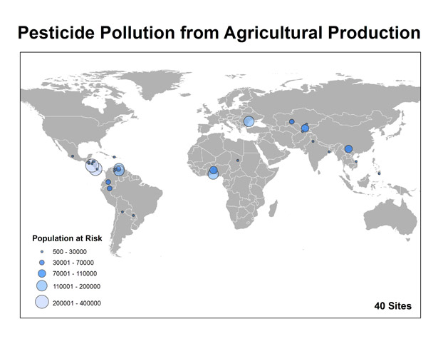 world map shaowing pesticide pollution from agricultural production